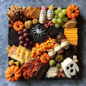 Trendy Halloween snack board with spooky treats and festive decorations
