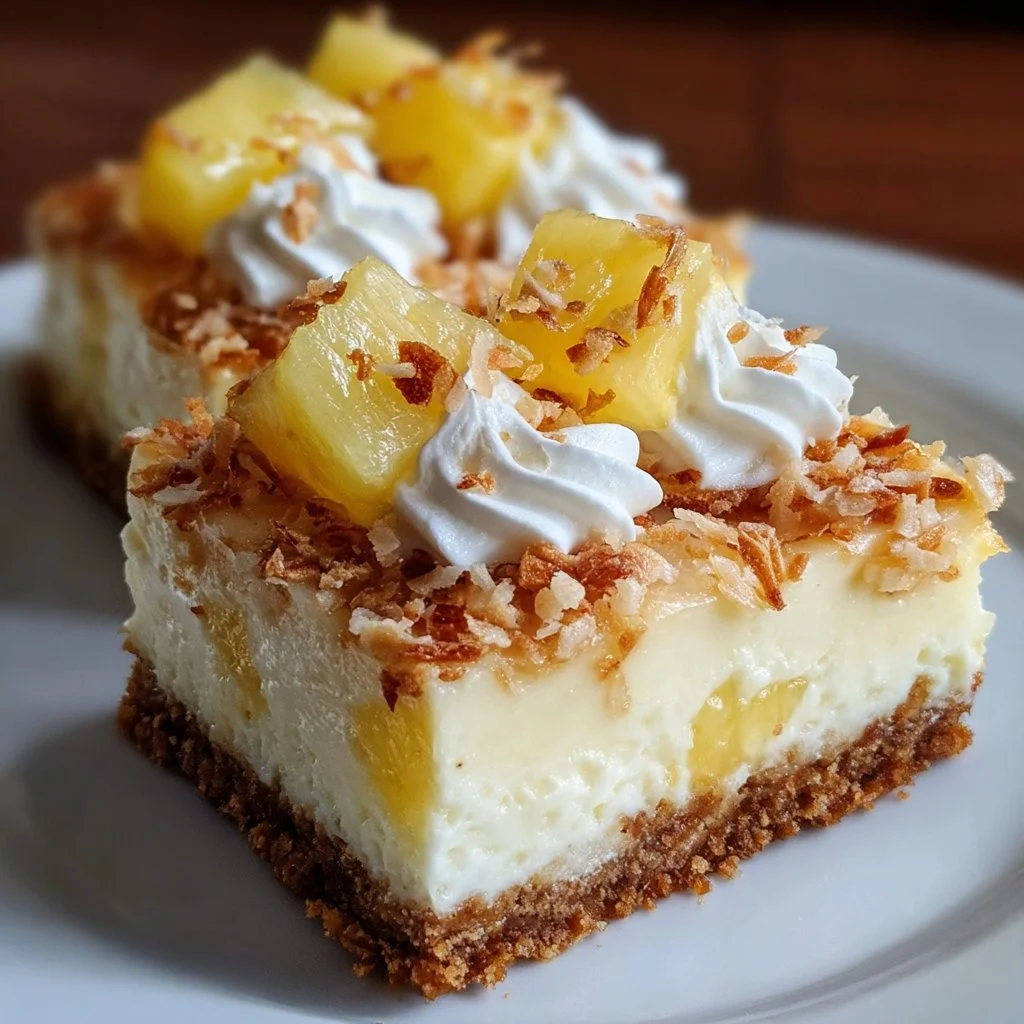 Tropical Piña Colada Cheesecake Bars served on a plate with garnishes