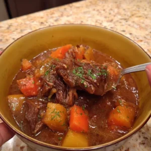 Delicious bowl of ultimate beef stew with vegetables and herbs