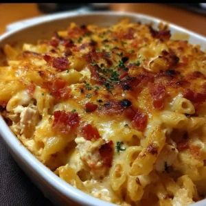 Ultimate cheesy chicken bacon pasta bake with creamy cheese and crispy bacon
