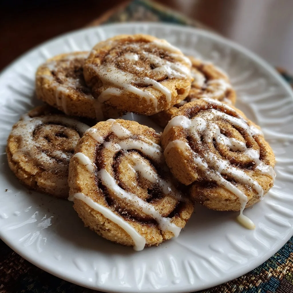 Vegan gluten-free cinnamon roll cookies displayed on a wooden table