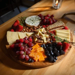 Vibrant cheese board decorated with assorted fruits and nuts.