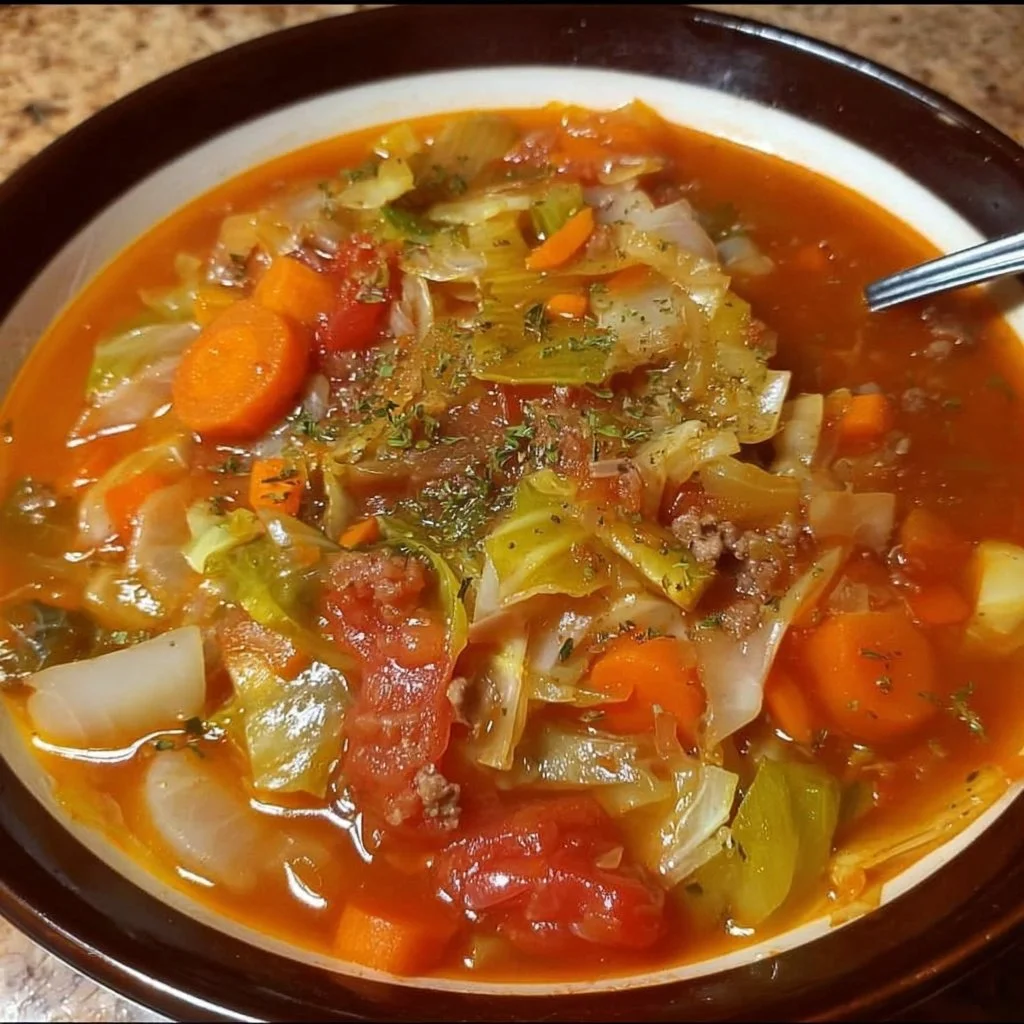 Bowl of Weight Watchers cabbage soup garnished with herbs and vegetables