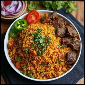 Delicious West African Jollof with Beef served on a colorful plate.
