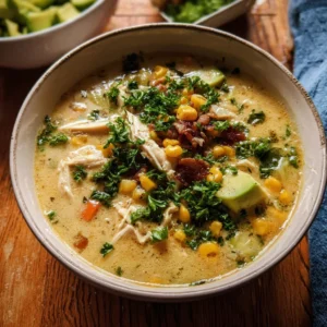 Delicious white chicken chili corn chowder served in a bowl.