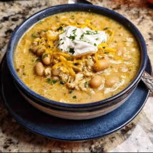 Bowl of white chili with chicken and white beans topped with cilantro