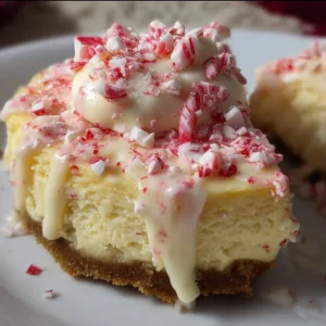 Slice of White Chocolate Peppermint Cheesecake topped with peppermint garnish.