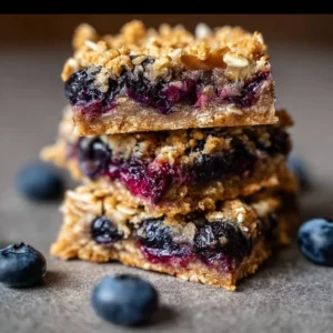 Wholesome blueberry oatmeal bars stacked on a plate, perfect for a healthy snack