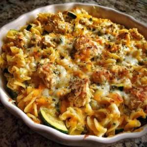 Zucchini Cheddar Chicken Noodle Casserole topped with melted cheese and herbs