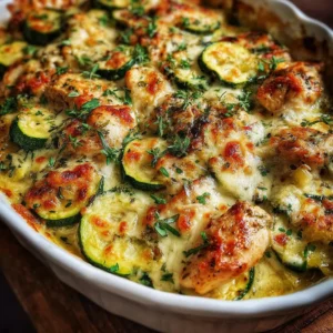 Delicious easy chicken zucchini bake served on a plate with herbs and cheese