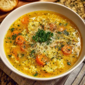 Bowl of Italian Penicillin Soup garnished with herbs and vegetables