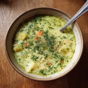 Bowl of Polish dill soup topped with fresh dill and served with bread