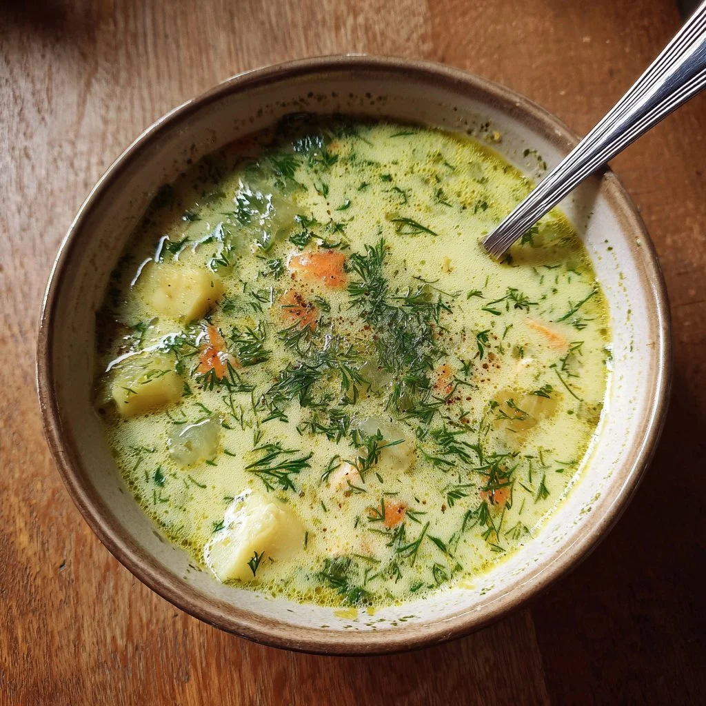 Bowl of Polish dill soup topped with fresh dill and served with bread