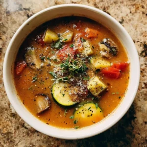 Delicious bowl of Ratatouille Soup garnished with fresh herbs and vegetables.