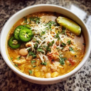 Bowl of White Bean Chicken Chili garnished with cilantro and lime