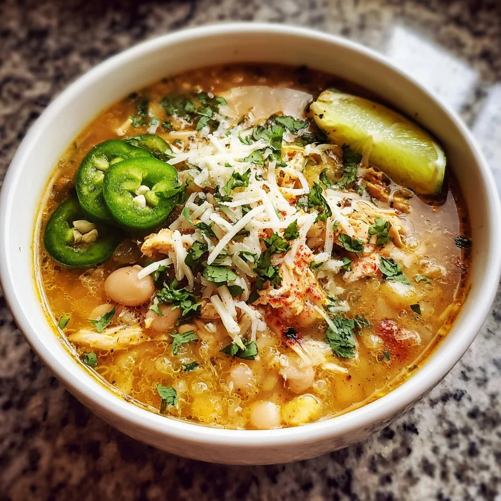 Bowl of White Bean Chicken Chili garnished with cilantro and lime
