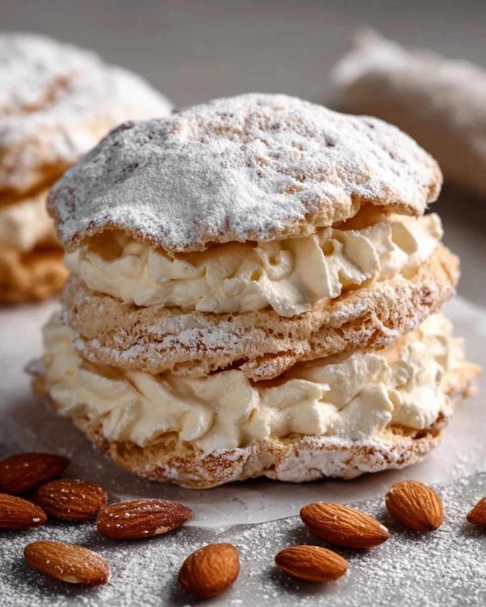 Delicious Almond Dacquoise Cream Clouds dessert with layers of almond meringue and cream.