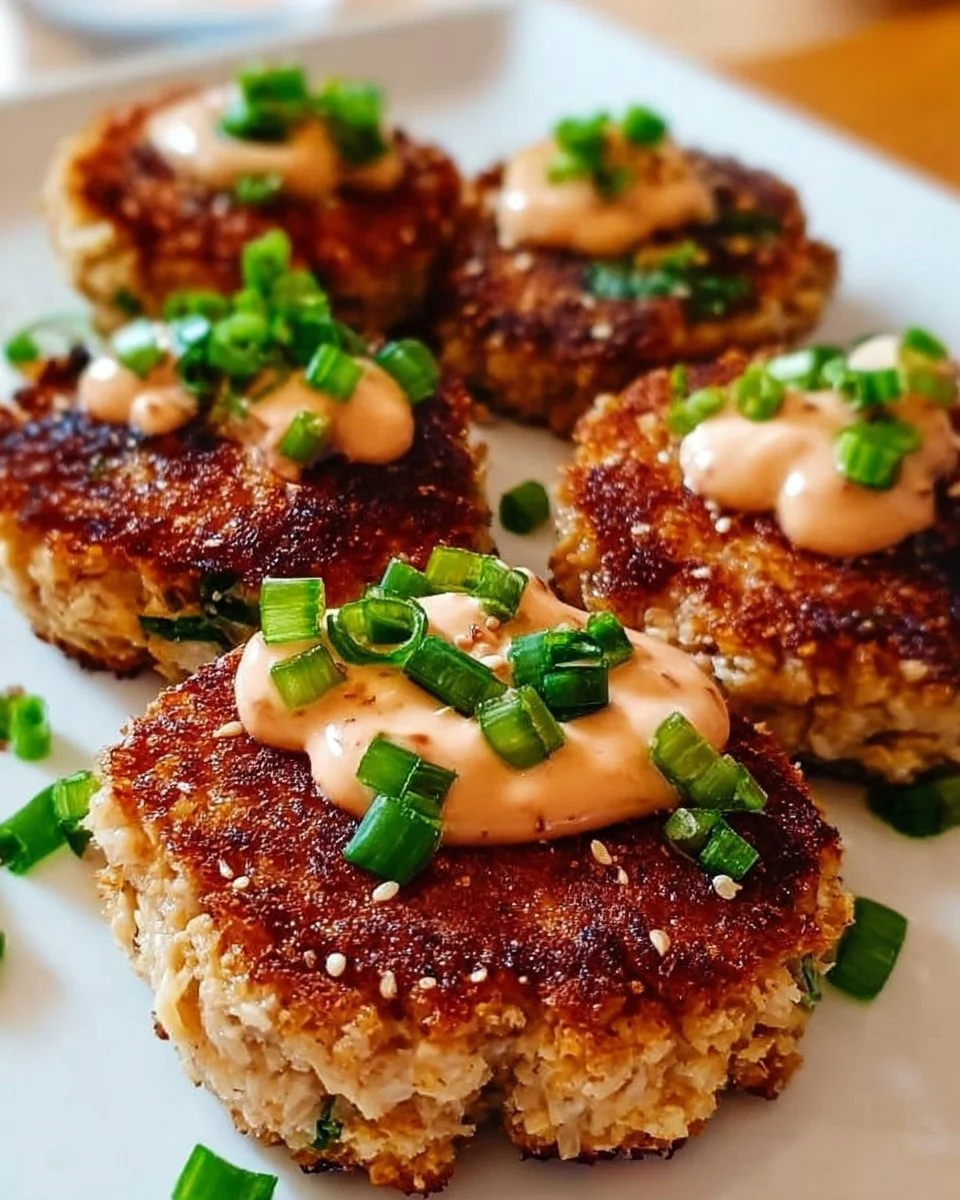 Asian tuna cakes garnished with spicy mayo for a delicious seafood dish