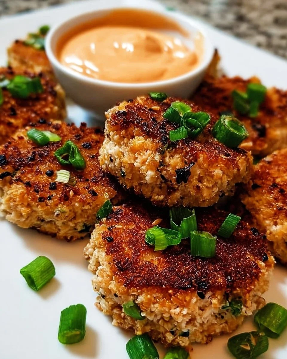 Delicious Asian tuna cakes served with spicy mayo on a plate.