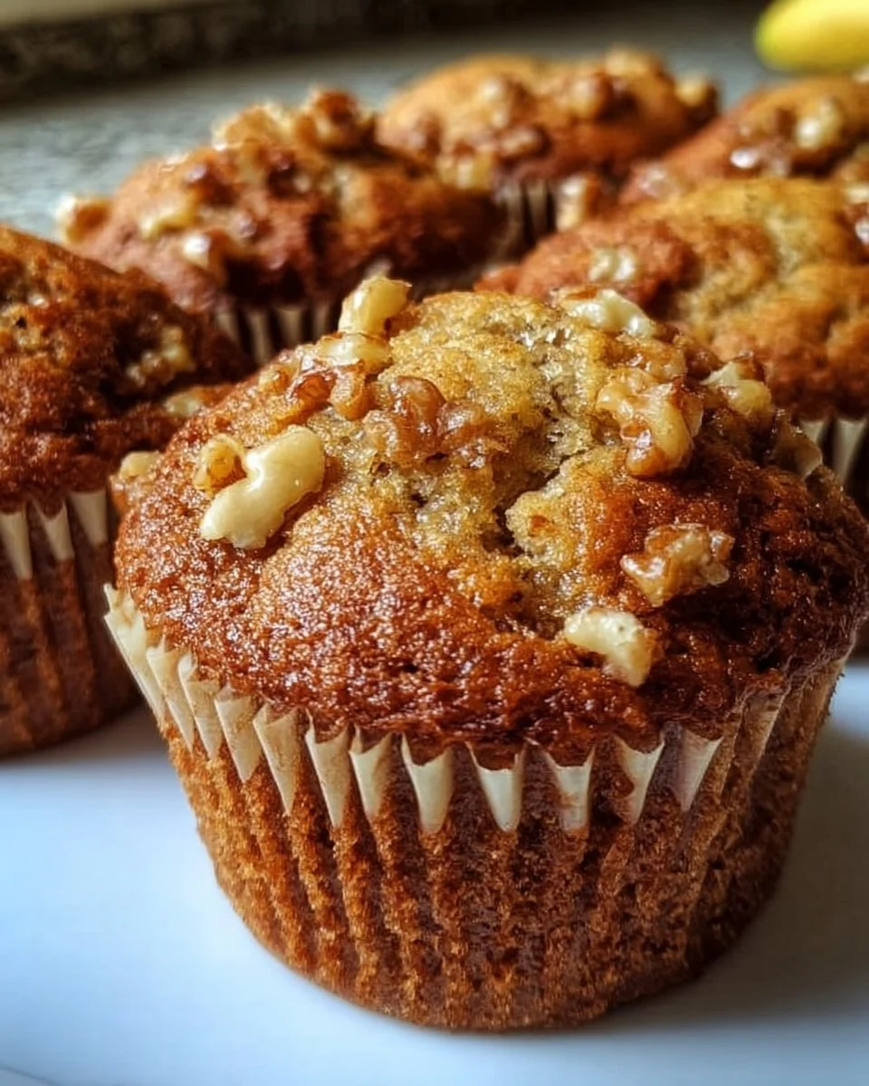 Delicious homemade banana walnut muffins with a golden crust and walnut pieces