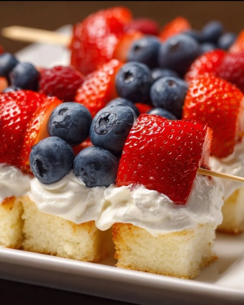 Berry shortcake skewers with fresh strawberries and whipped cream