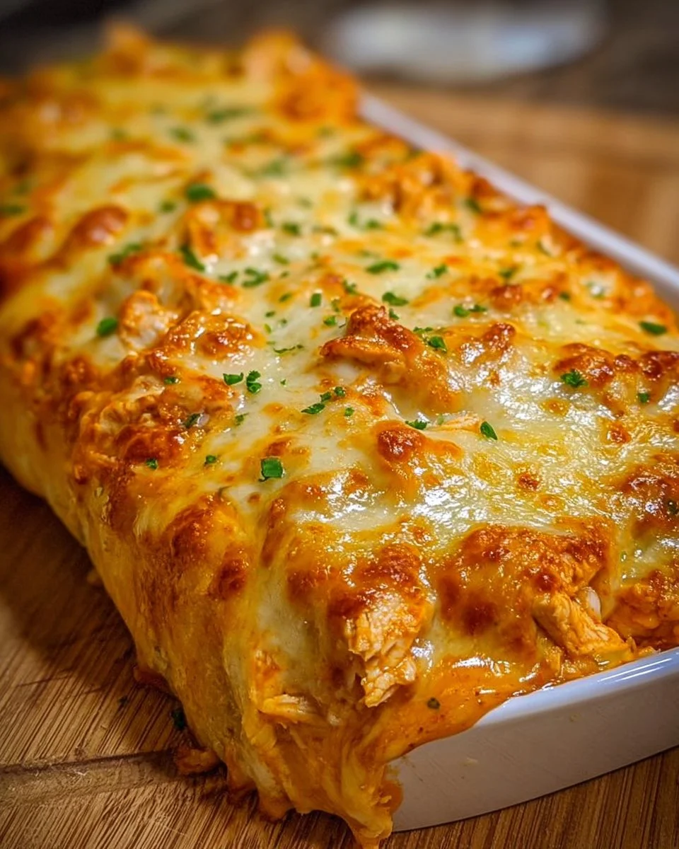 Baked Buffalo Chicken Cheese dish topped with melted cheese and garnished