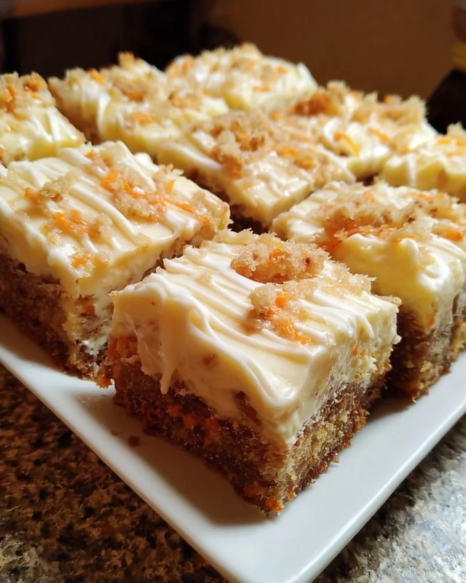 Delicious carrot cake cream cheese bars topped with frosting.
