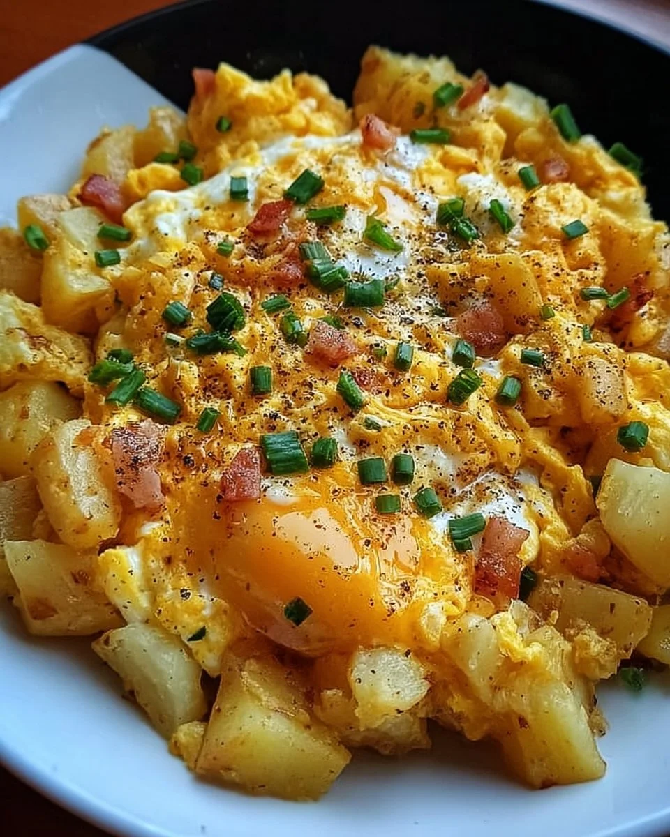 A delicious cheesy potato egg scramble served in a skillet.