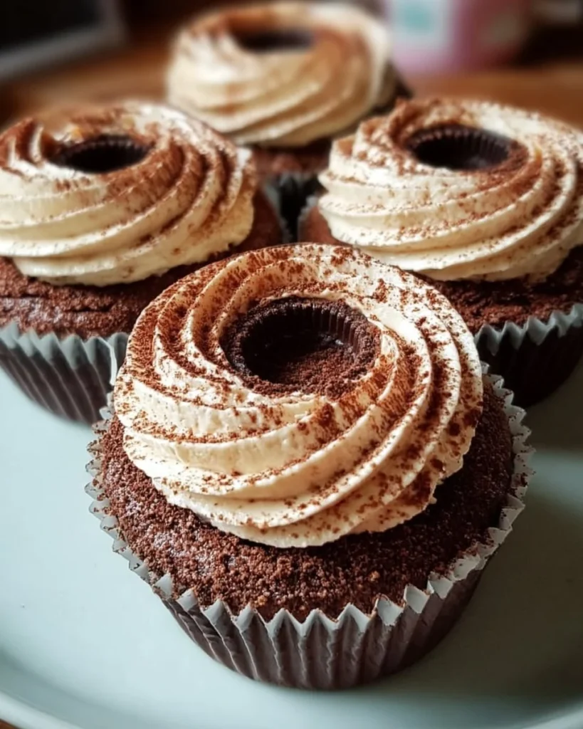 Delicious chocolate tiramisu cupcakes topped with mascarpone frosting