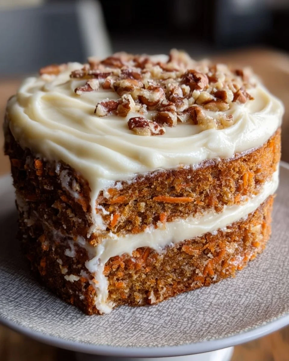 Delicious classic carrot cake with creamy frosting and garnished with walnuts.
