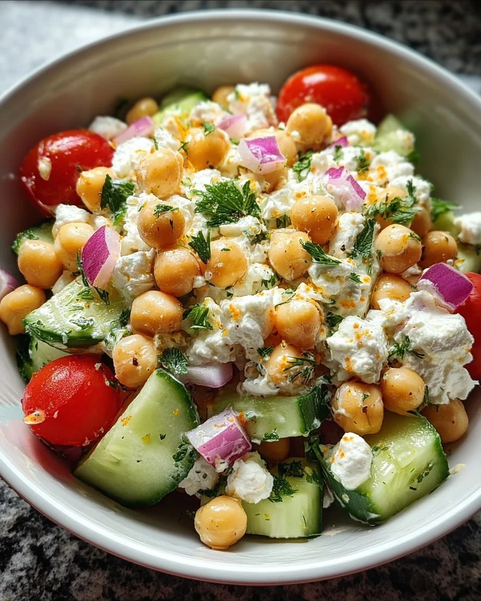 Cottage Cheese Chickpea Salad Bowl with fresh vegetables and dressing