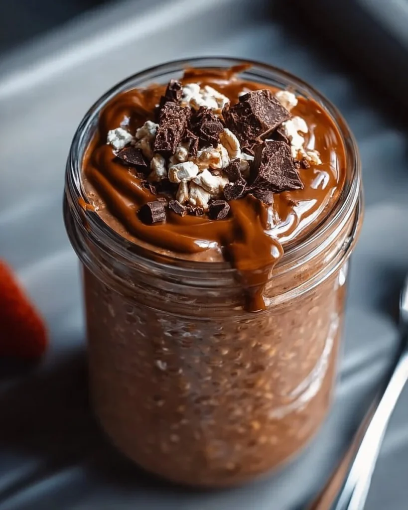 Bowl of cozy creamy brownie batter overnight oats topped with chocolate and nuts.