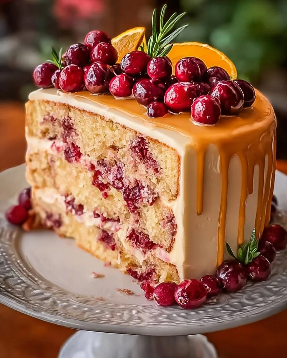 Cranberry Orange Layer Cake topped with Citrus Buttercream on a white plate