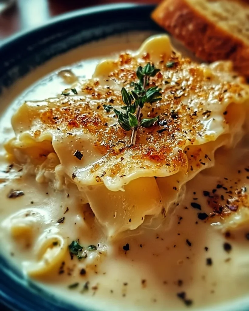 Delicious creamy Alfredo lasagna soup served in a bowl with herbs on top.