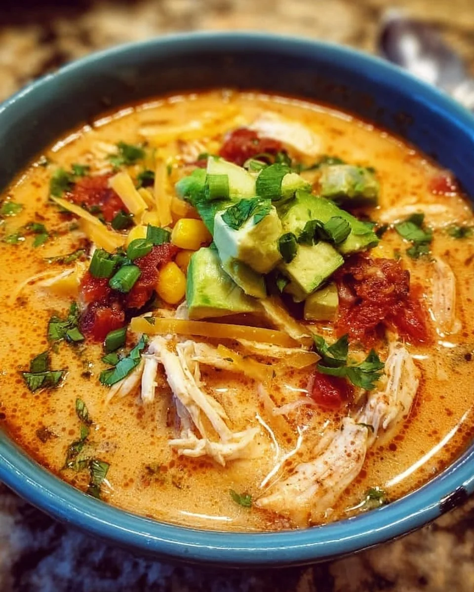 Bowl of creamy chicken tortilla soup garnished with tortilla chips and herbs