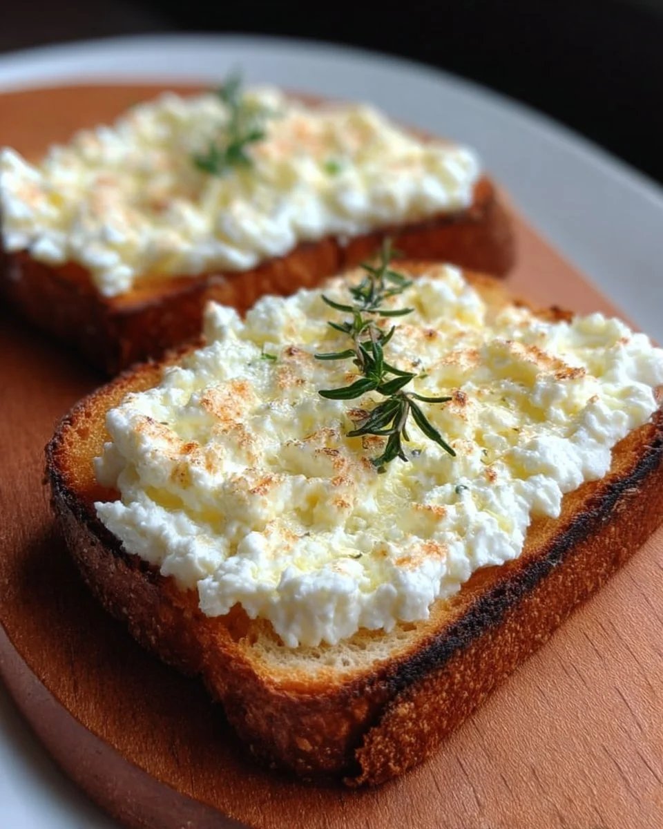 Delicious creamy cottage cheese toast topped with fresh herbs and cherry tomatoes.