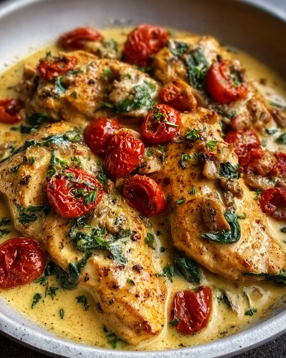 Creamy Keto Tuscan Chicken Breast served with fresh herbs and vegetables.