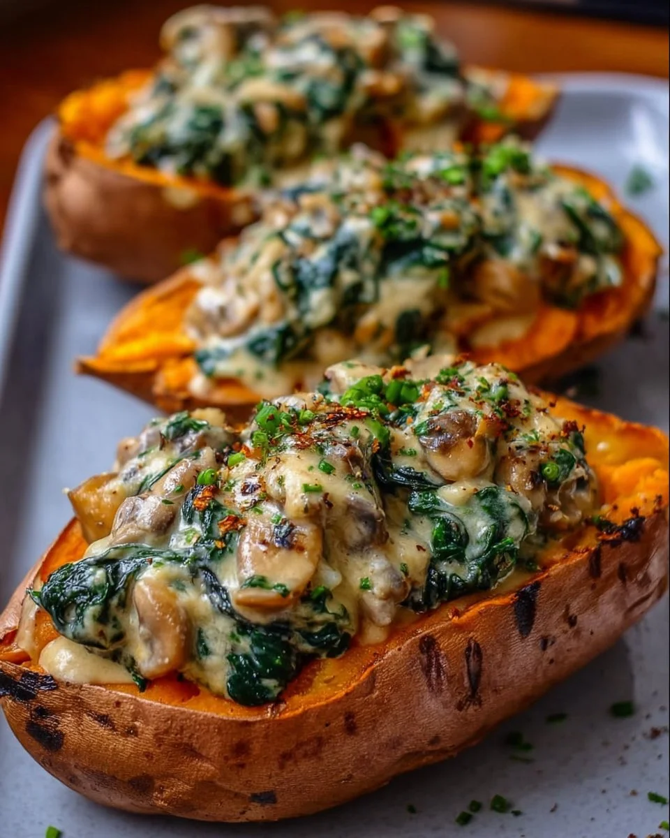 Creamy mushroom and spinach stuffed sweet potatoes on a plate