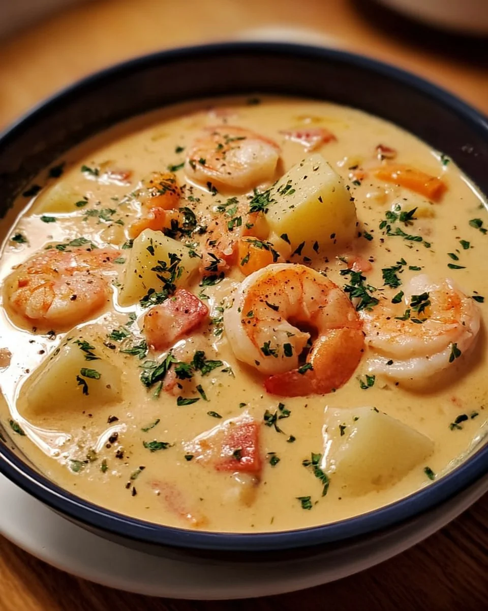Bowl of creamy seafood chowder topped with herbs and served with crusty bread.
