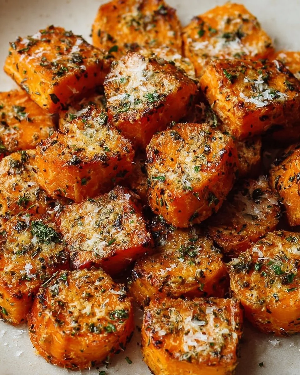 Crispy baked sweet potato bites topped with Parmesan herb butter on a plate