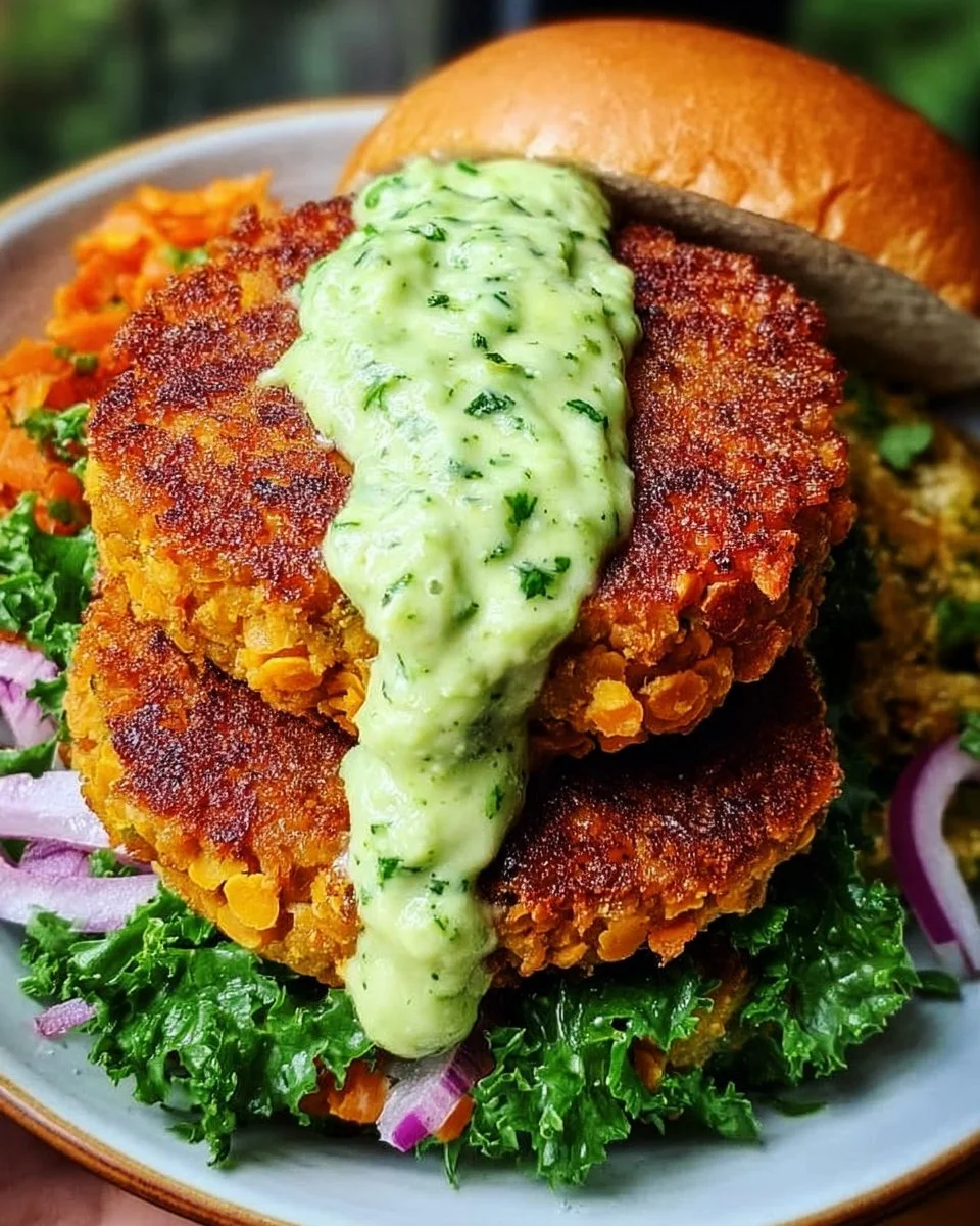 Crispy sweet potato and red lentil patties served with avocado cilantro sauce