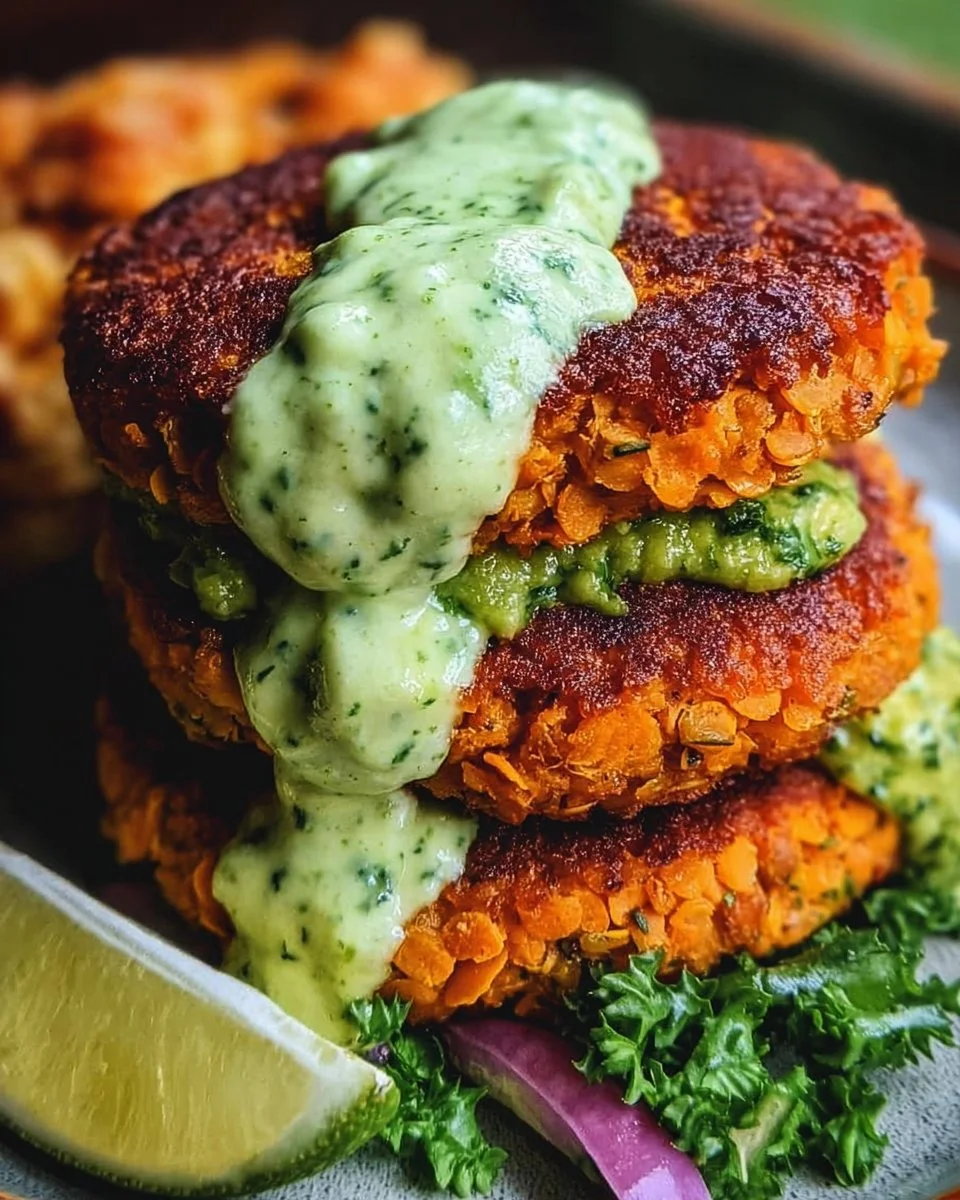 Crispy sweet potato and red lentil patties served with avocado cilantro sauce