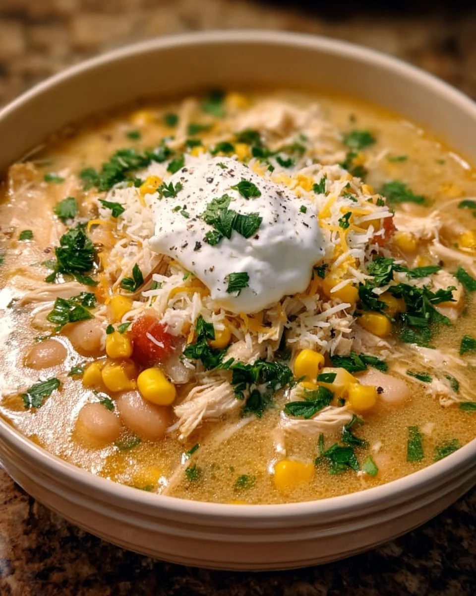 Bowl of delicious Crockpot White Chicken Chili topped with cilantro and lime