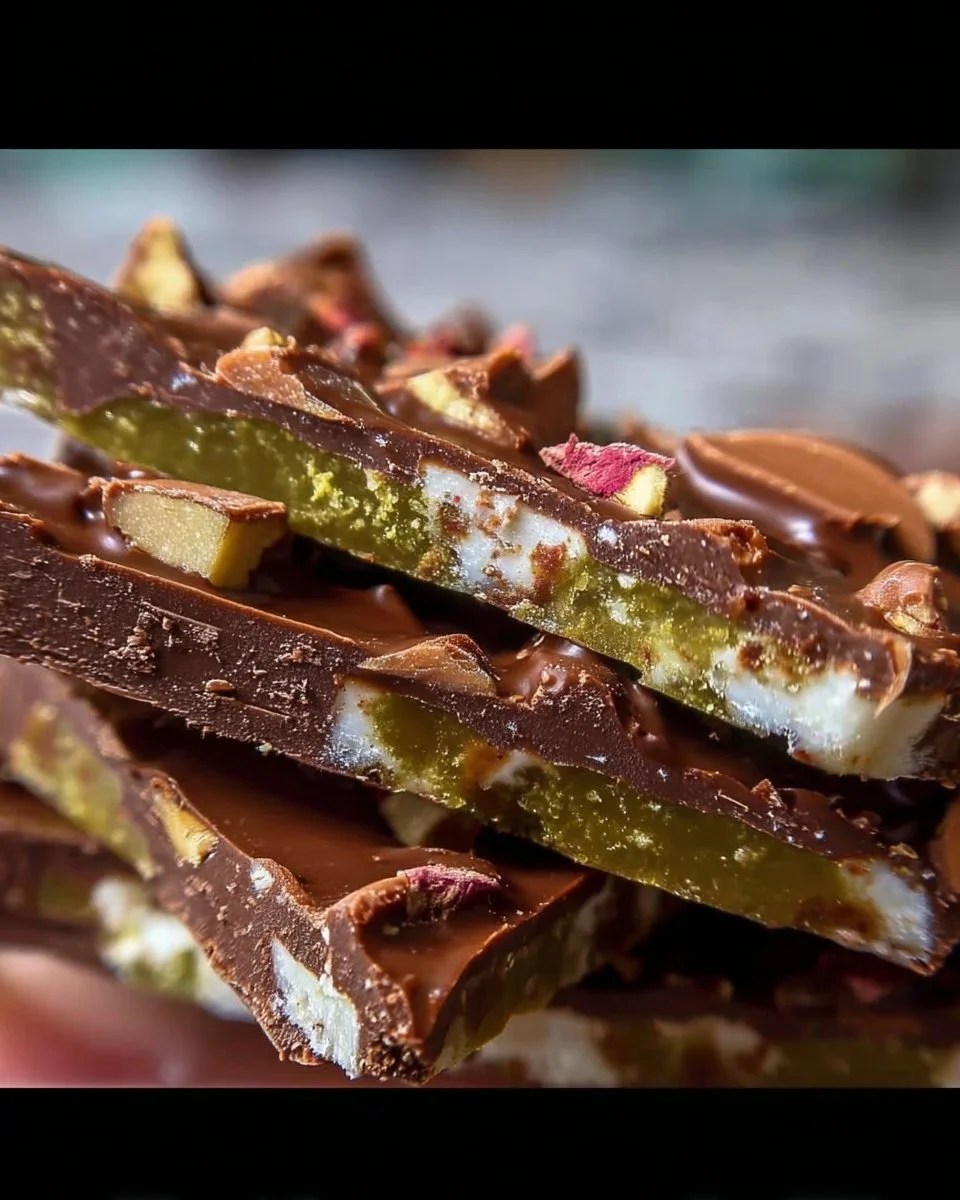 Delicious homemade Dubai chocolate bark with nuts and dried fruits.