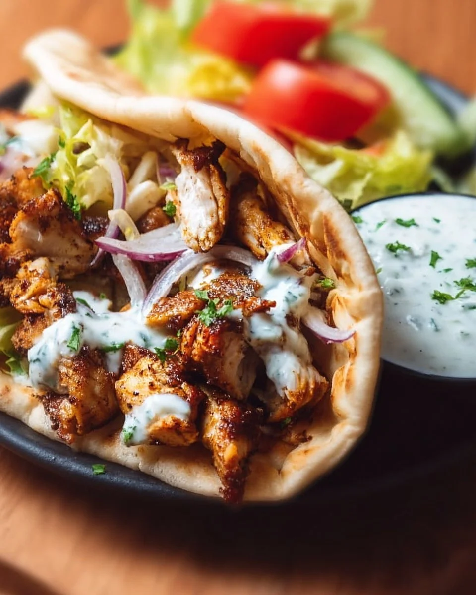 Homemade chicken shawarma served with garlic sauce on a plate