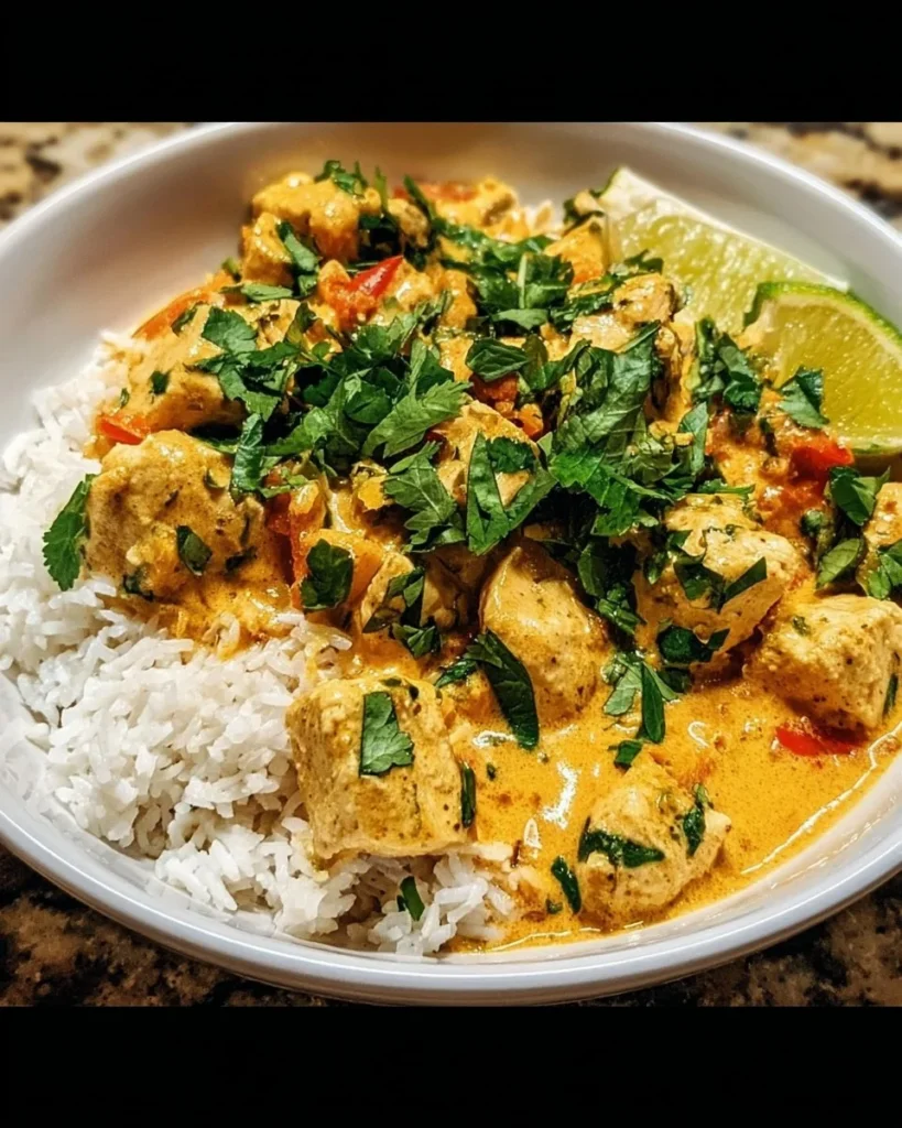 Delicious easy coconut chicken rice bowl topped with fresh herbs