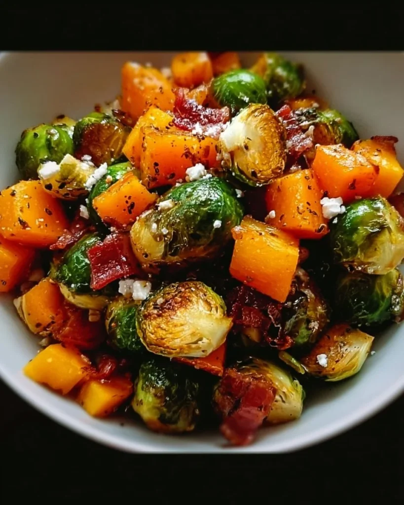 Plate of easy honey-glazed Brussels sprouts and butternut squash