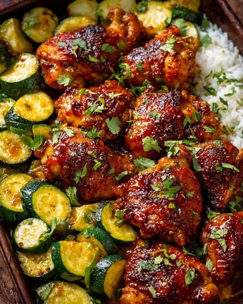 Sheet pan hot honey chicken with zucchini on a wooden table