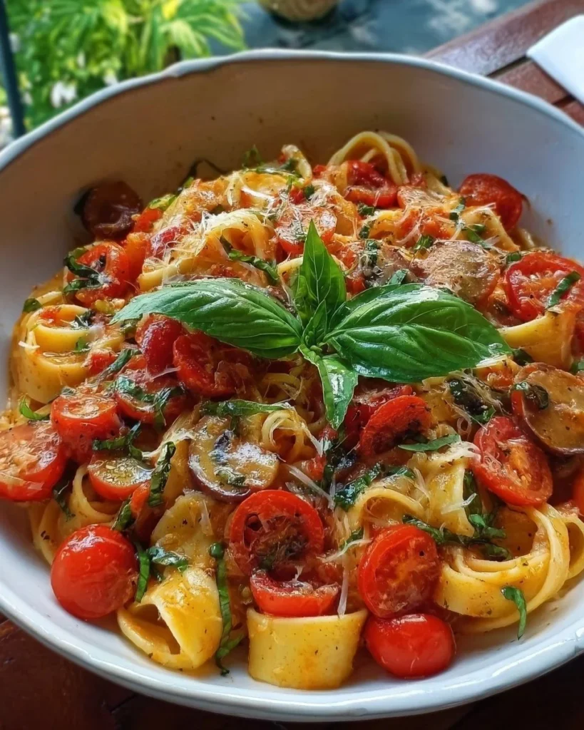 Bowl of easy summer garden pasta with fresh vegetables