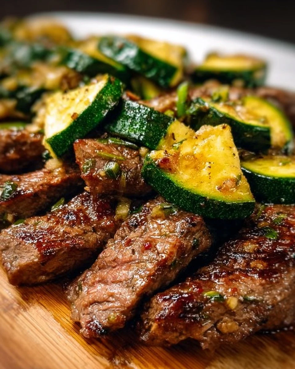 Garlic butter steak served with sautéed zucchini on a plate
